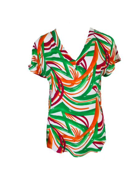 V-Neck Woven Blouse - Green Orange Pink