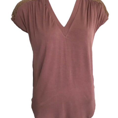 Sequins Yoke Gather Tee - Cognac