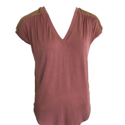 Sequins Yoke Gather Tee - Cognac